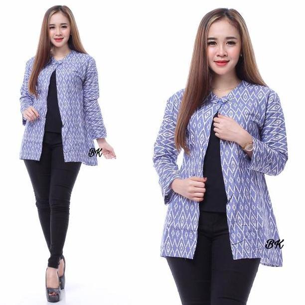 Gratong Outer Bolero Blezer Wanita Batik Biru Modern Baju Kerja Kantor Simple
