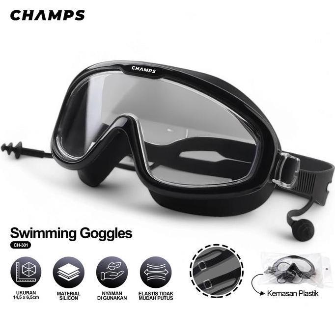 CHAMPS Kacamata Renang Dewasa Anti UV CH-301 | Swimming Goggles dengan Ear Plug Built-in | Anti Fog 
