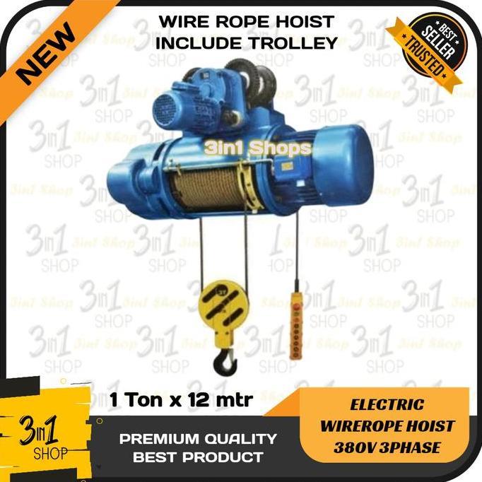 Wire Rope Hoist 1 Ton x 12 Meter / Electric Wirerope Crane 1T x 12m / Katrol Listrik Seling 3 Phase 