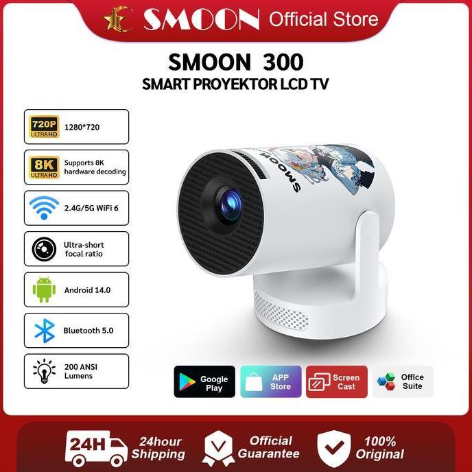 Smoon 300 New - Smart Projector Lcd Tv-Proyektor Pintar - 200 Ansi - Android 14 -Netflix - Youtube -