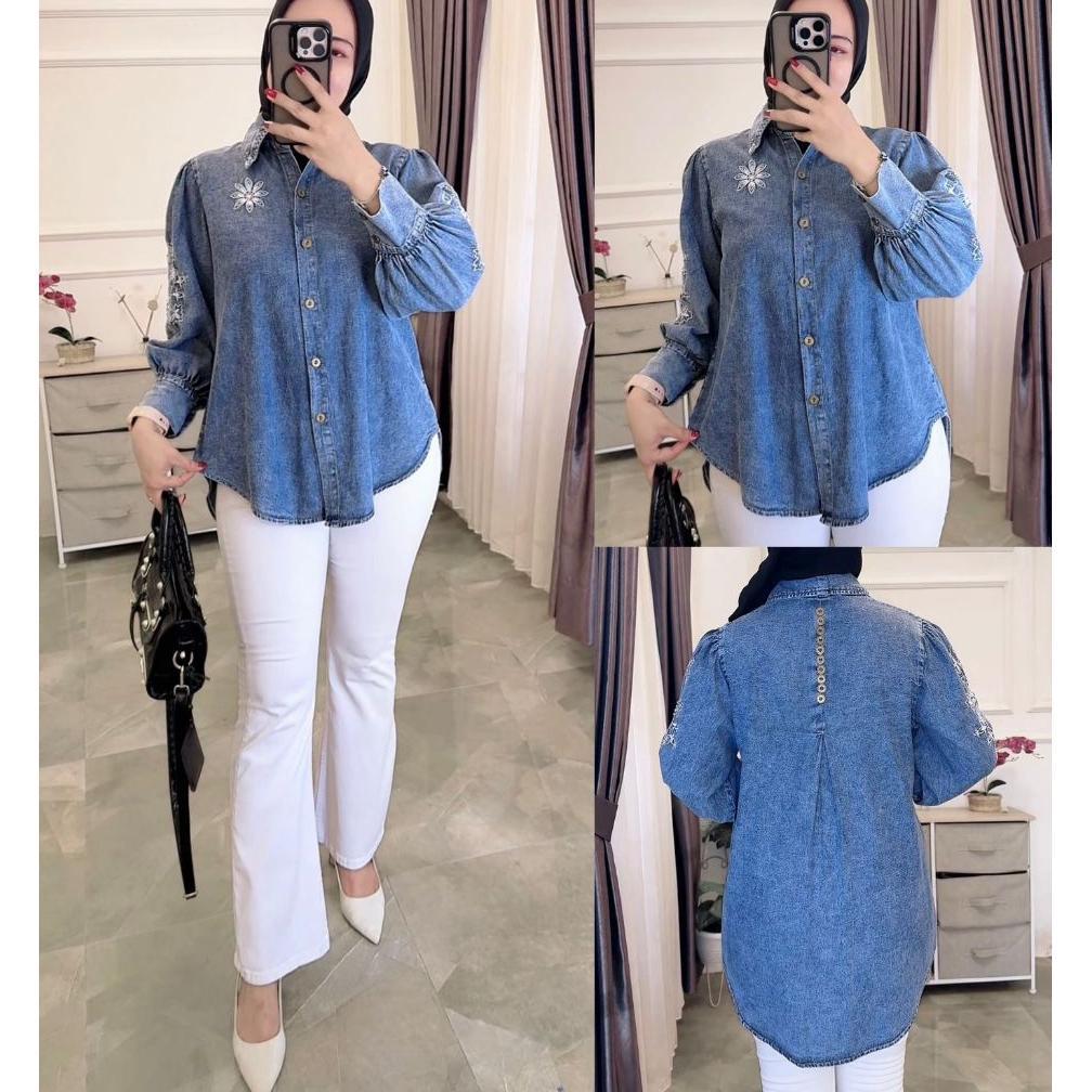 Official Kemeja Jeans Denim Bordir Zara Premium