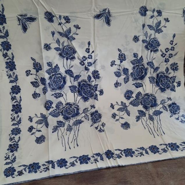 Kain Batik Encim Biru Putih Tumpal Parang Bahan Blouse Kemeja Pria Wanita