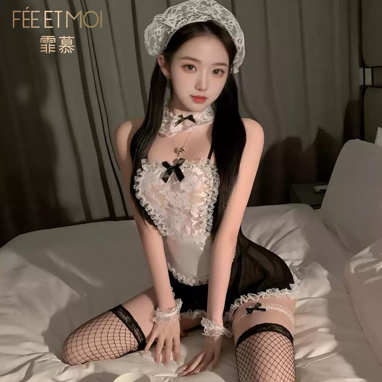 Paket Hemat Fee Et Moi-Lingerie Set Stocking Set Lingerie Sexy + G String + Bando Model Cosplay Maid