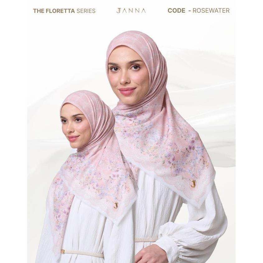 JANNA The Floretta Series Premium Printing Scarf Hijab Segi Empat Motif Mewah Cantik Lembut Pin Logo