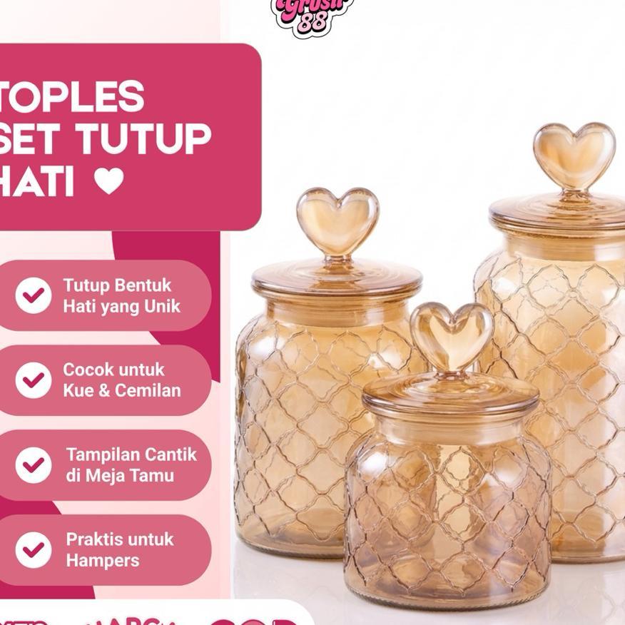 Toples Kaca Tutup Hati Set 3 /Toples Kaca Lebaran/Toples Kue Kaca