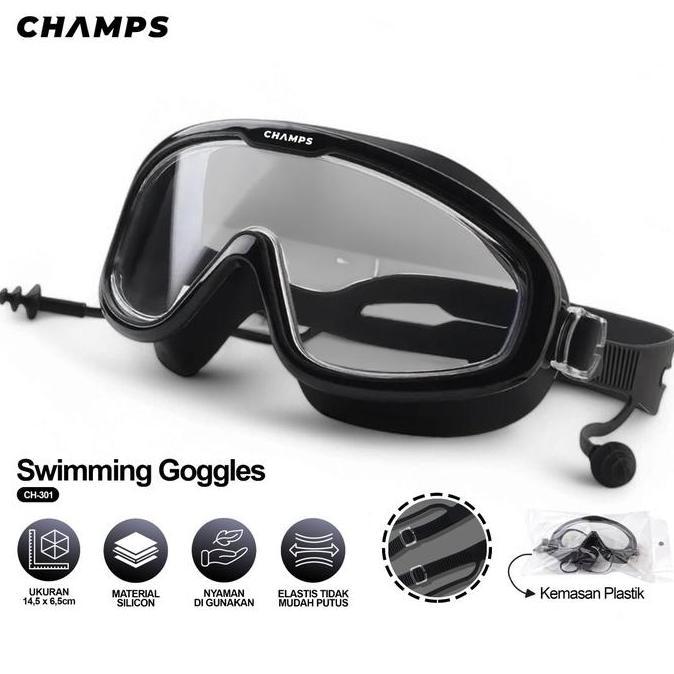 CHAMPS Kacamata Renang Dewasa Anti UV CH-301 | Swimming Goggles dengan Ear Plug Built-in | Anti Fog 