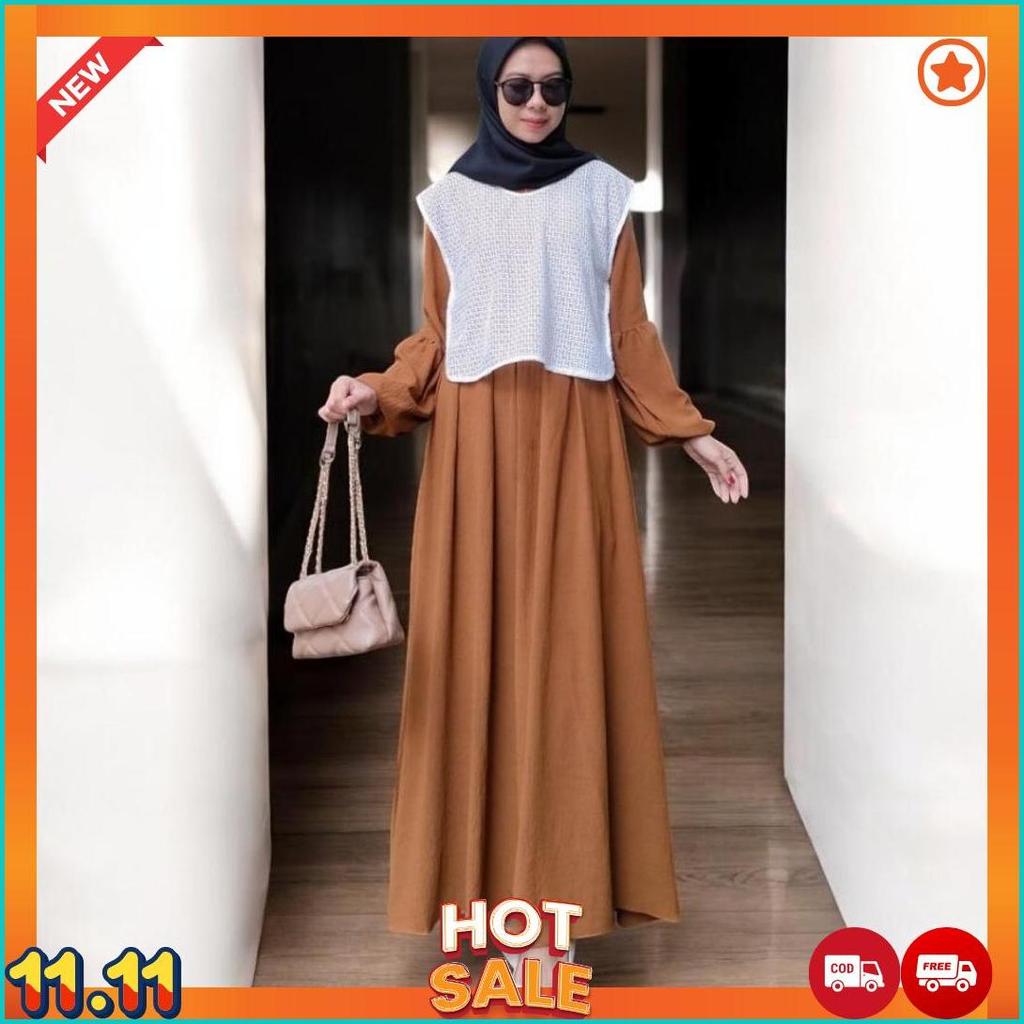 New Zeline Dress Brukat Premium Gamis Muslim Crinkle Airflow Kondangan Outer Bisa Lepas Pasang [G4]