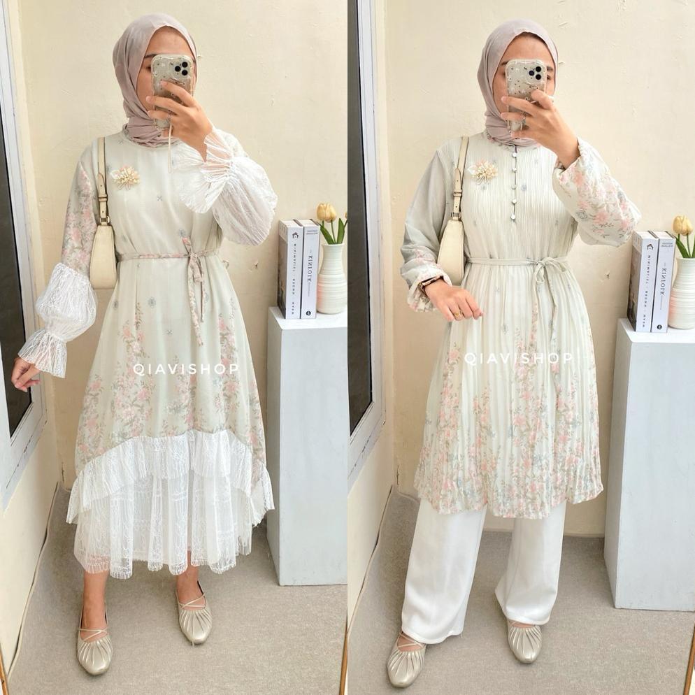 official qiavi shop - revi tunik / tunic atasan plisket simple mewah motif cantik warna pastel kuali