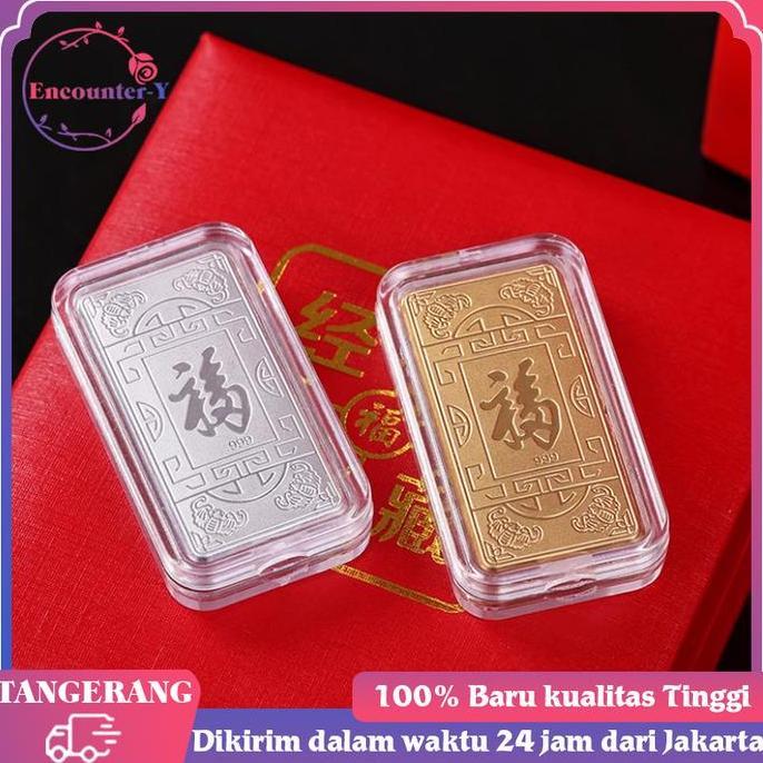 QINGACHO Koin Emas Keberuntungan Persegi Motif FU 5pcs Mainan Emas Batangan Jimat Penarik Uang