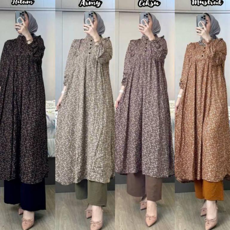 One Set Long Tunik // Setelan Tunik Rayon Premium Mix Crinkle Airflow