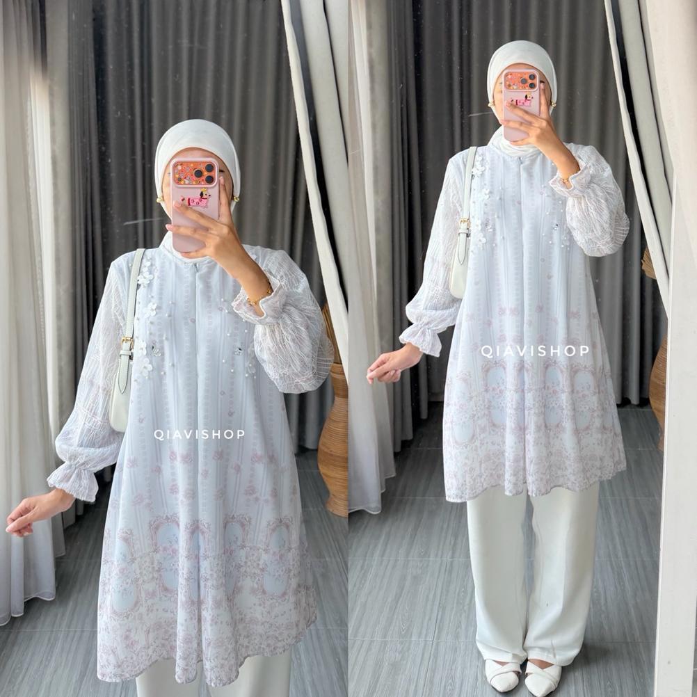 cuci gudang qiavi shop - revi tunik / tunic atasan plisket simple mewah motif cantik warna pastel ku