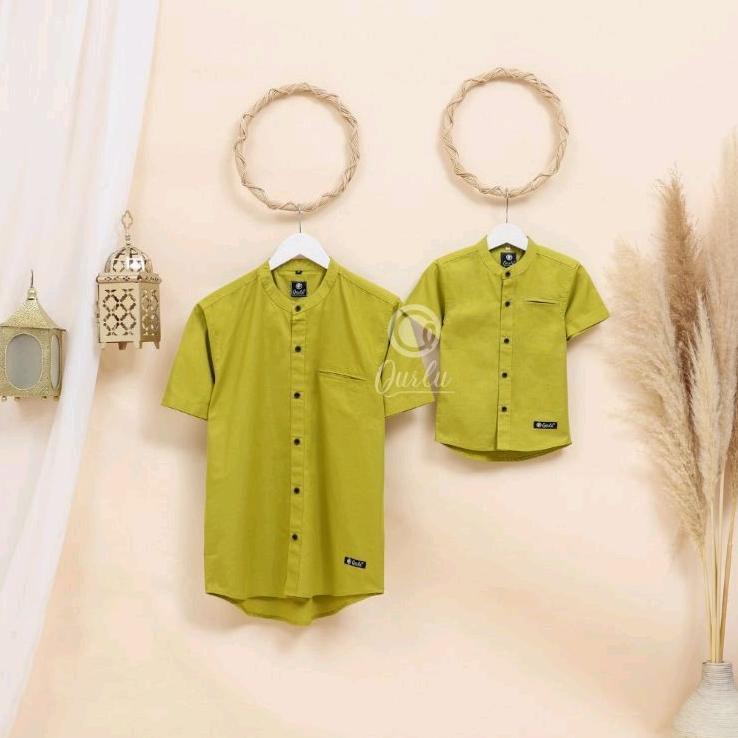 QURLU - KEMEJA KOKO DEWASA/ANAK WARNA HIJAU LEMON (BAJU COUPLE AYAH DAN ANAK LAKI-LAKI) BAJU KOKO PR