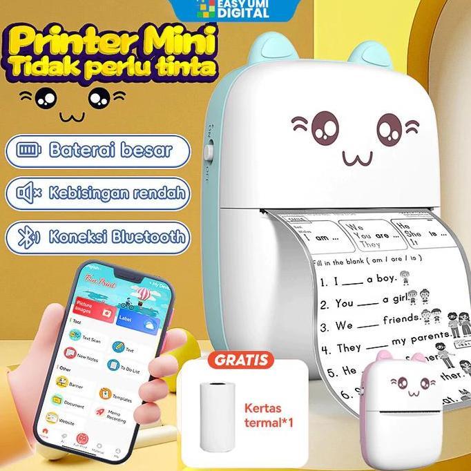 5GAGAMISANY - MINI CUTE THERMAL PRINTER BLUETOOTH PORTABLE PRINTER KASIR LABEL PRINTER BIRU