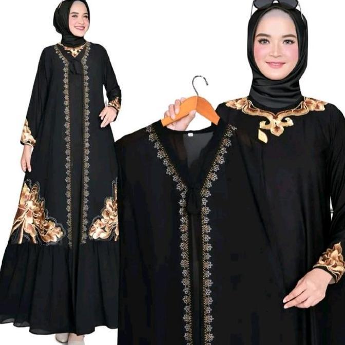 Khza- Myabaya_ Abaya Turkey Model Rompi 77 Gamis Abaya Arab Hitam Jersey Mix Ceruti Bordir Mote Sros