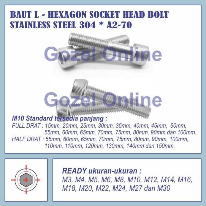 Baut L SS304 - M10 x60mm Half drat - kunci L 8mm - Stainless SUS 304