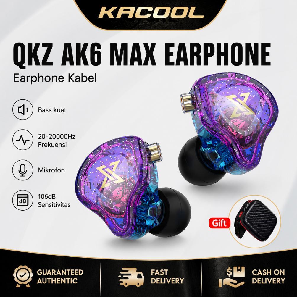 QKZ AK6 MAX In-Ear Monitor Dinamis Earphone HiFi Bass Kabel Sport Headphone Gaming Headset Reduksi K