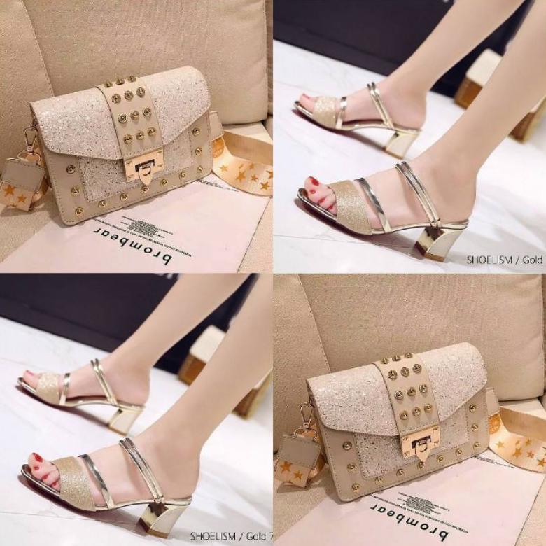 Free Ongkir Diata Paket Tas Dan Sandal Hak Tahu 2In1 Wanita Gliter Berkilau Sandal Heels Kekinian Ko