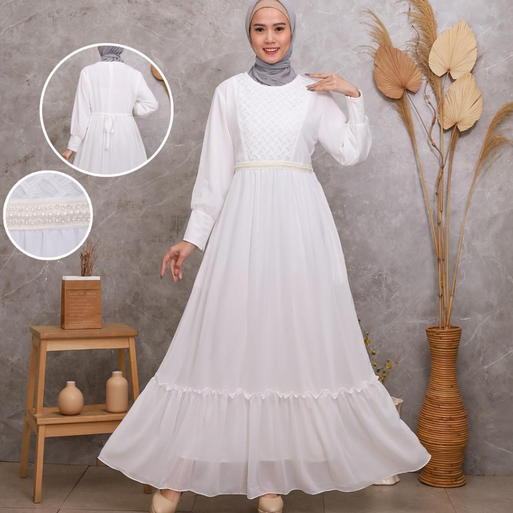 EXCLUSIVE KKUM OFFICIAL Gamis Putih Baju Lebaran Umroh Haji Busana Muslim Hijab Dress Brukat AGNES W