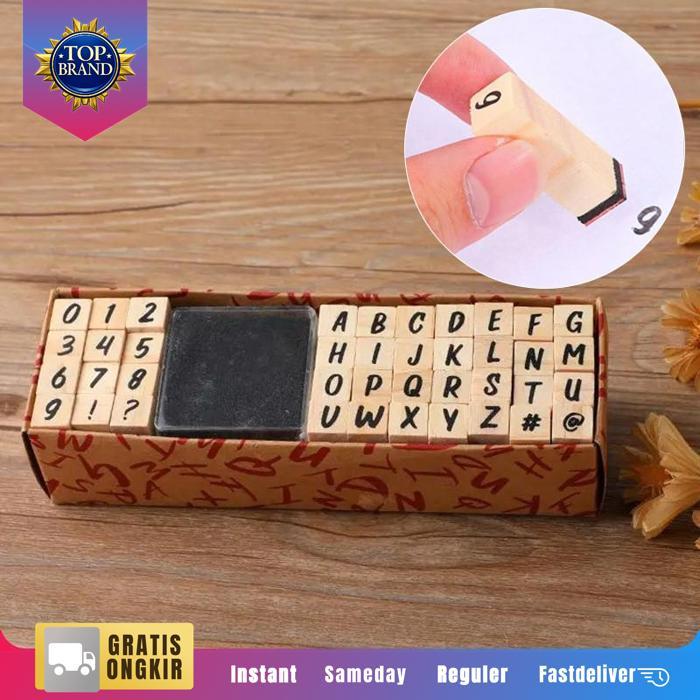 40Pcs Stempel Huruf Dan Angka Lengkap Stamp Alphabet Wooden Kayu Estetik Kotak Numbers Angka