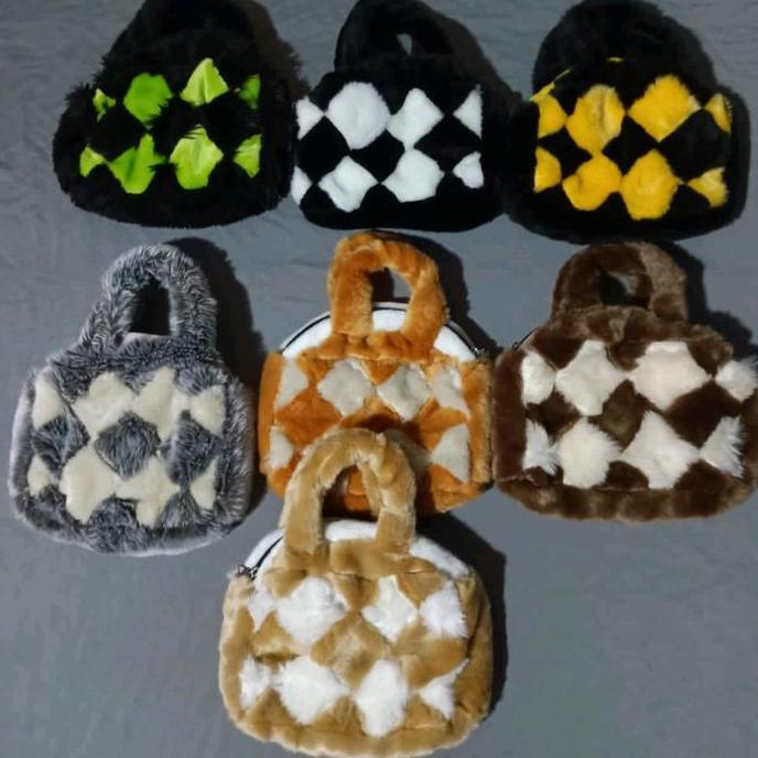 tas bulu wanita/tas tengteng keren motif kotak kotak