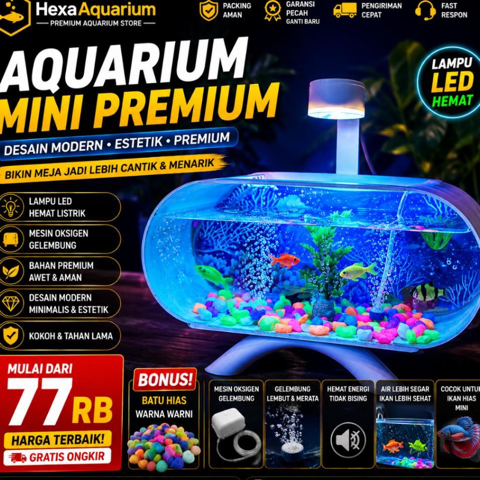 Aquarium Mini Ikan Cupang Akrilik Fullset Lengkap Aeshthetic Gratis Mesin Gelembung Lgk01