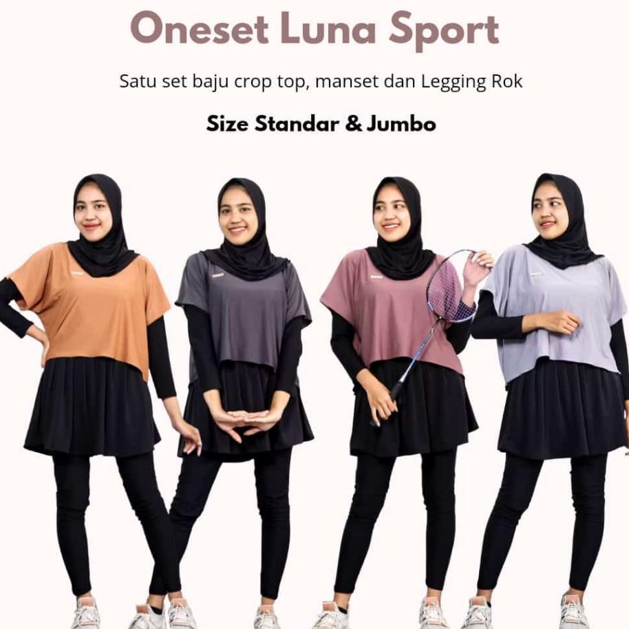 Setelan Baju Olahraga Wanita Oneset Luna Sport Crop Top Legging Rok Manset Model 3 In 1 Bahan Jersey