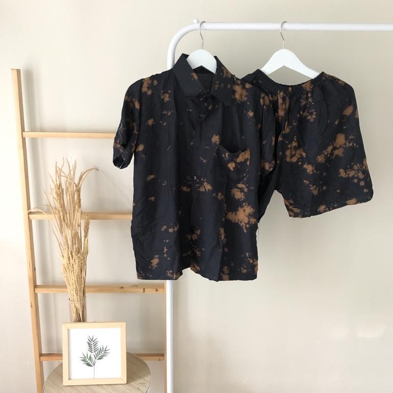 HOT SALE ONE SET SETELAN ATAS BAWAH PENDEK TIE DYE PRIA WANITA FULL KANCING
