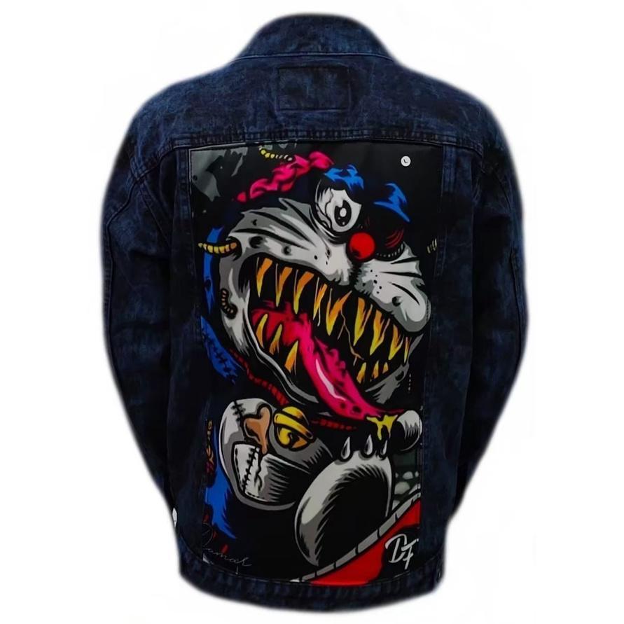 BESTPROMO JAKET DENIM PRIA/ WANITA-EARNA HITAM WASH GAMBAR BELAKANG DORAEMON / JAKET JEANS WASH UNIS