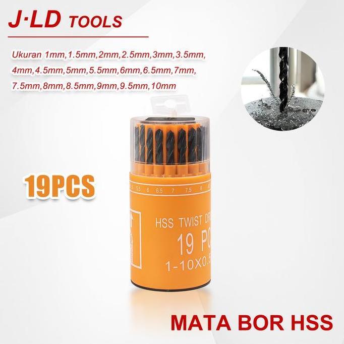 JLD Mata Bor Hss 19pcs Mata bor baja 1-10mm TWIST DRILL SET Mata bor Untuk logam besi beton Tembok n