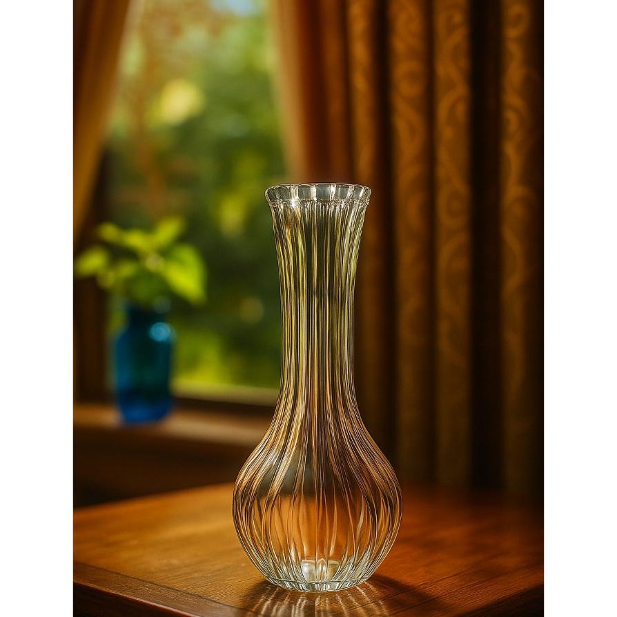 Vas Bunga Kaca Long Neck Aesthetic / Vas Kaca Tekstur Ulir Garis / Pot Bunga Meja Unik Vintage Decor