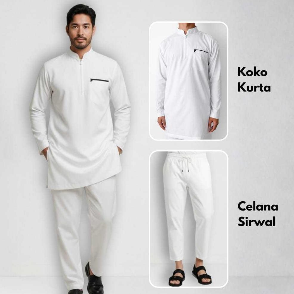 BESTPROMO Setelan Koko Kurta Pria Celana Sirwal Premium - Baju Koko Pakistan Lengan Panjang Zipper -