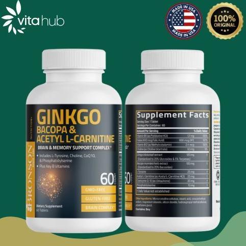 Bronson Ginkgo Bacopa Acetyl L-Carnitine - Dukung Memori - Vitamin B6 Folate 30/60/120 Tablet