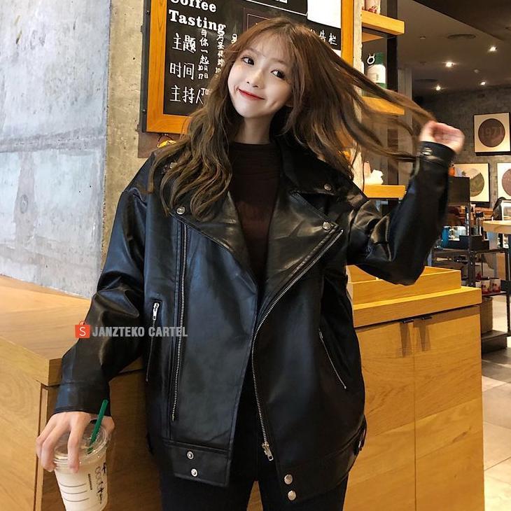 Terlaris Jnk X Nyc - Jaket Kulit Oversize Leather Jacket Women Wanita Korean Jumbo Oversized Crop As