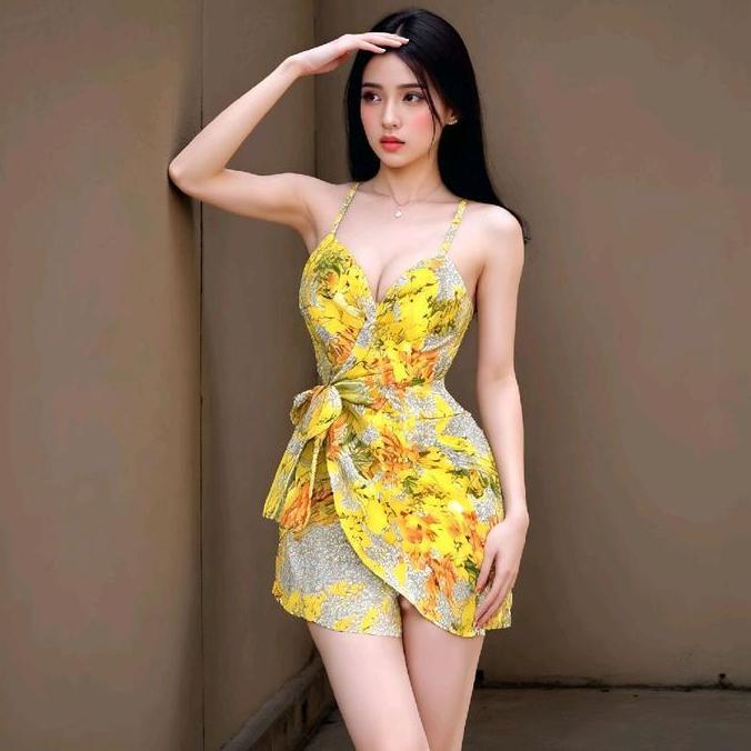 Kimono Wanita Lingerie Sexy Baju Tidur Tipis Transparant Nf432 Desain Bunga Kuning Elegan