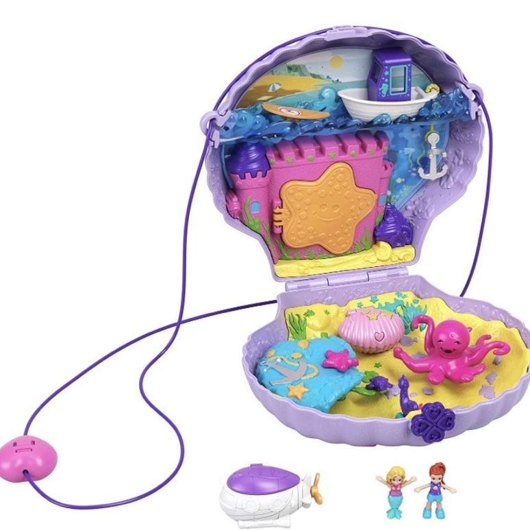Polly Pocket Tiny Power Seashell Purse Compact With Wearable Strap, Fun Under-The-Sea, Micro Polly &