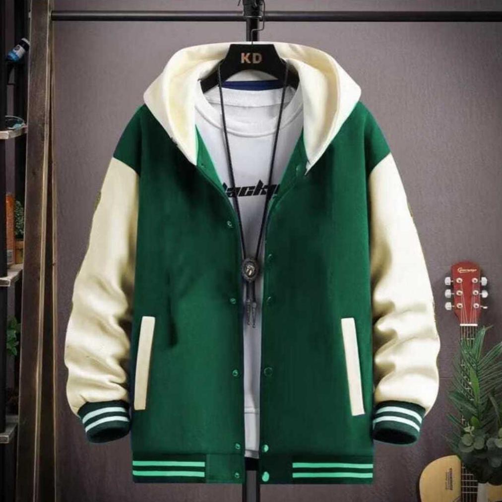 CUCI GUDANG Jaket Varsity Baseball Hitam Cream Polos - Jaket Hoodie Varsity Model Kancing Premium Qu