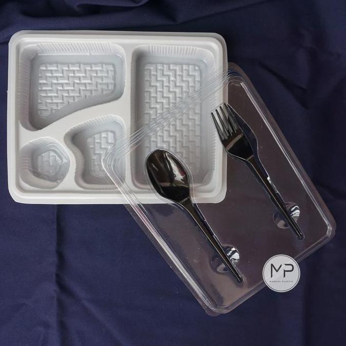 Dispo- Mika Box Bento 4 Sekat Full + Sendok Garpu Set 4 Coklat Putih Grosir