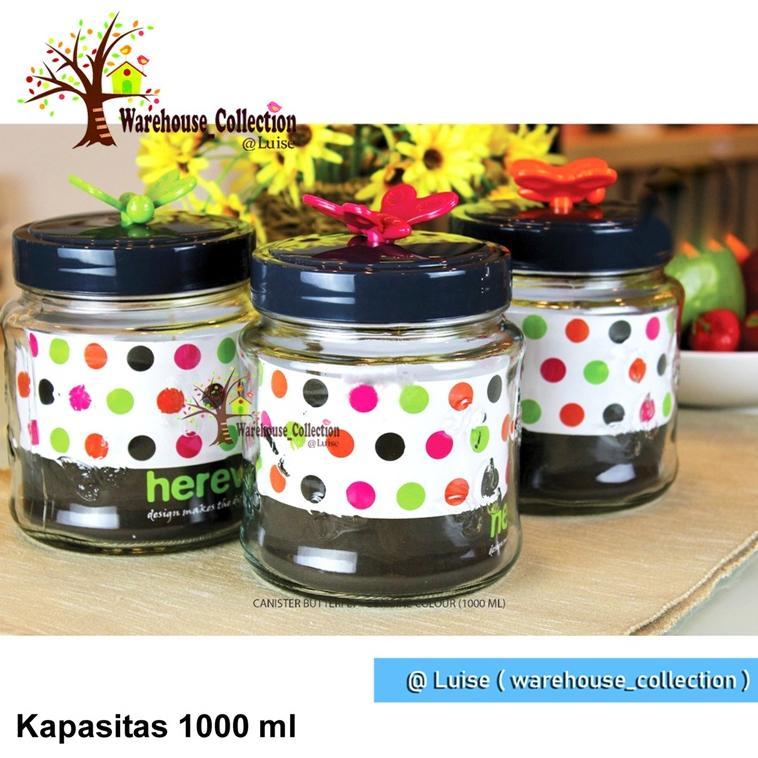 Toples Kaca Herevin 1000ml/ Canister Butterfly Colour 142200-560/ Toples tutup drat / Toples Lebaran
