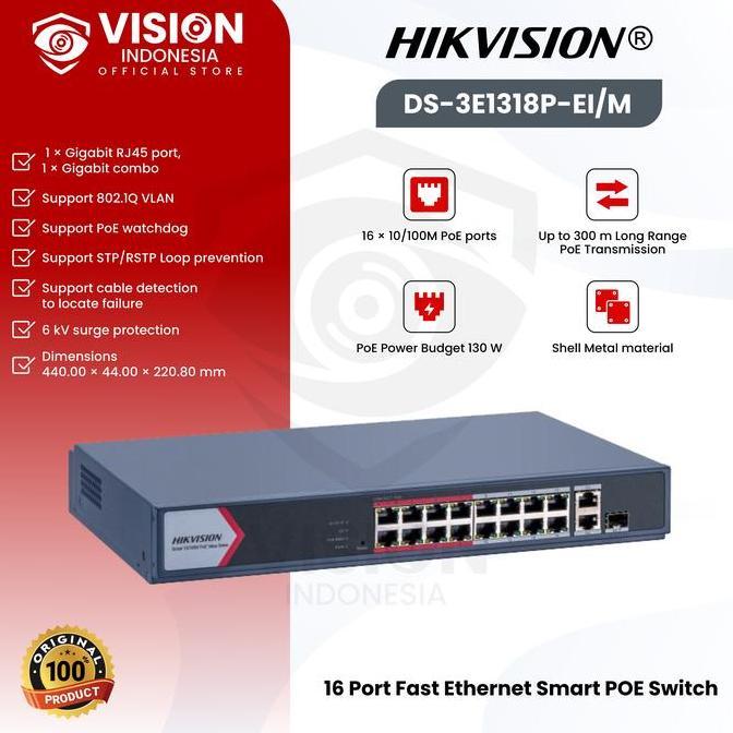 HIKVISION DS-3E1318P-EI/M - Smart POE Switch 16 Port POE 2 Uplink