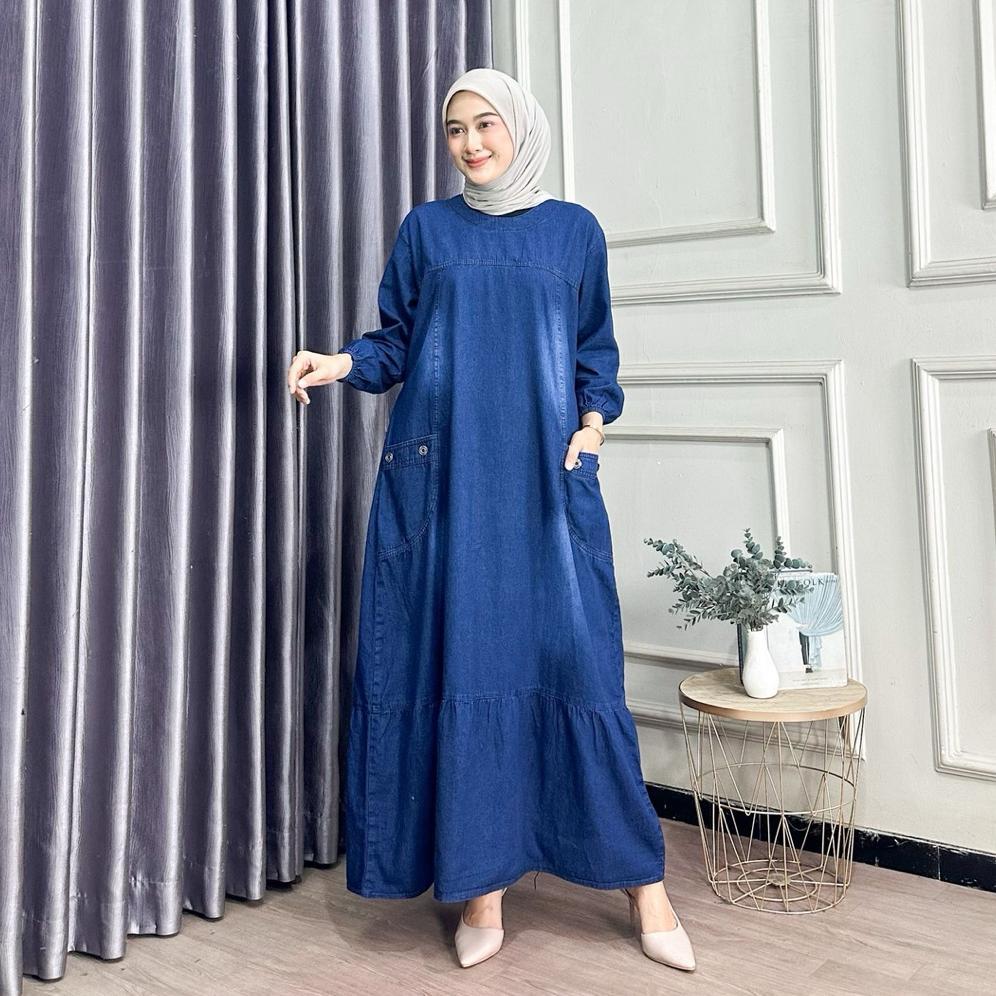 TERMURAH Gamis Susun Jeans Wanita Non Busui Rempel Bawah