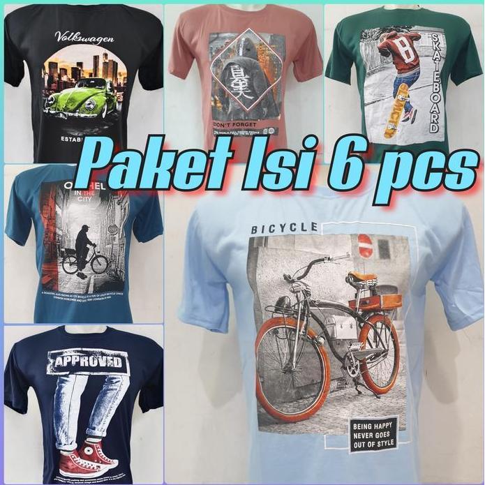 PAKET HEMAT ISI 6 PCS KAOS PRIA DISTRO MOTIF UKURAN M L XL XXL ( RANDOM ) Santai Katun Crew Neck V-N