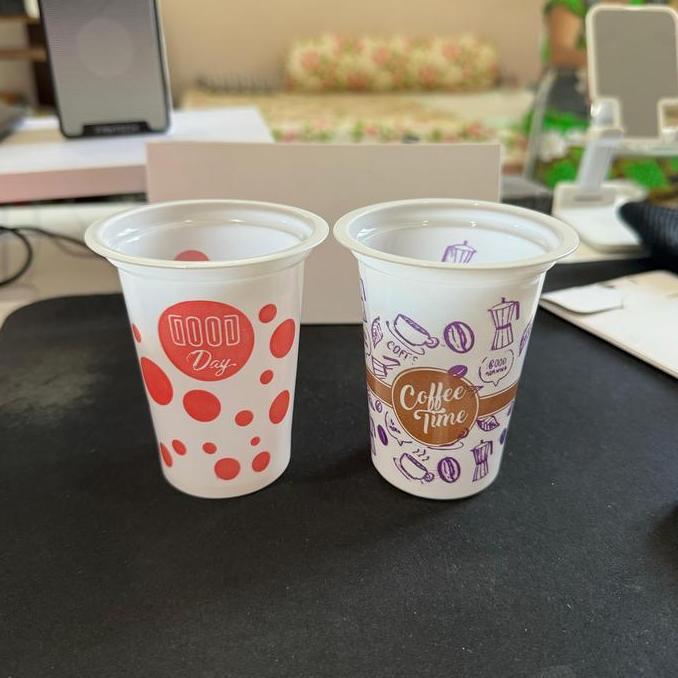 Gelas Plastik FU 200ml Printing Bola-Bola Coffee Time Violet / Gelas Pesta Motif Polkadot Kopi @50 P