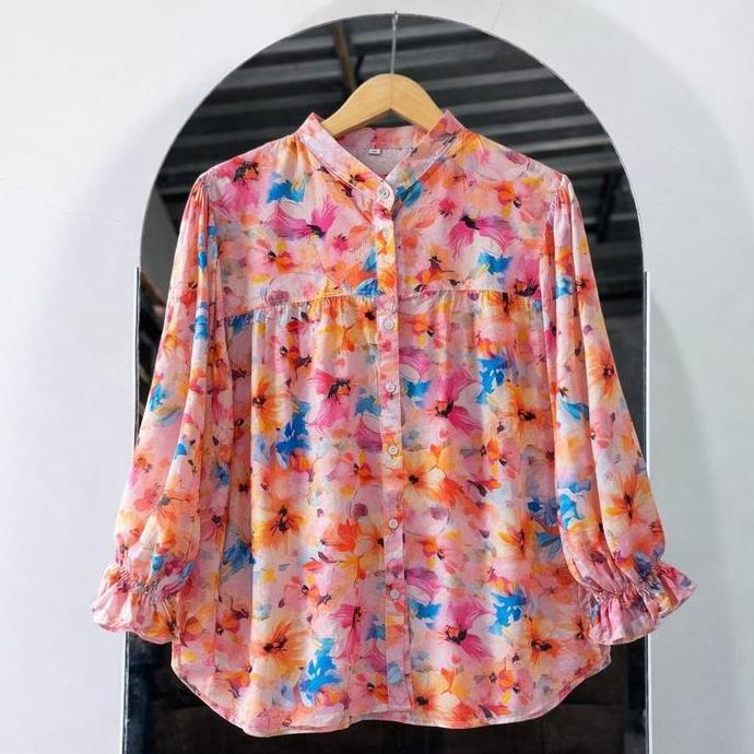 Bebasaja- Alysa Blouse Atasan Wanita Rayon Motif Premium Kemeja Rayon Viscose Motif Bunga