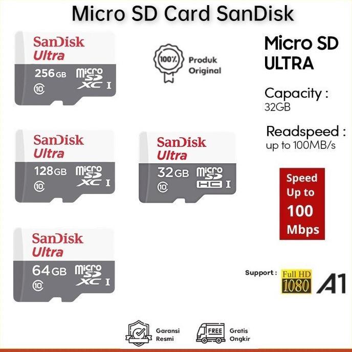 MEMORY CARD SANDISK 128GB 64GB 32GB 16GB Micro SD MMC Memori Hp Sandisk Ultra