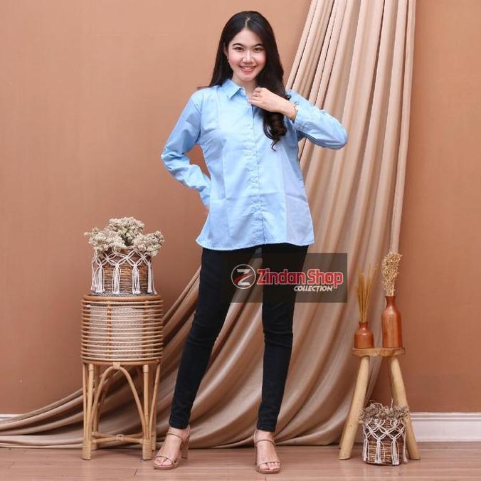 Bebasaja- Kemeja Wanita Biru Muda Polos Katun Toyobo Lengan Panjang Seragam Kerja Kantor Kain Lembut