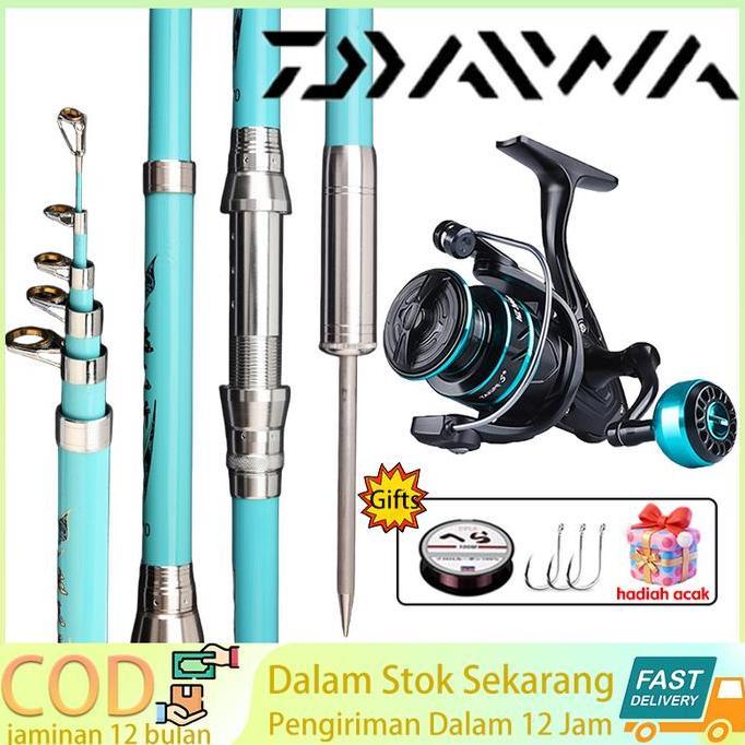DAIWA Set Pancing Joran Karbon 2.1-4.5m Dengan Pasak Pengunci Reel Spinning Teleskopik Anti Patah