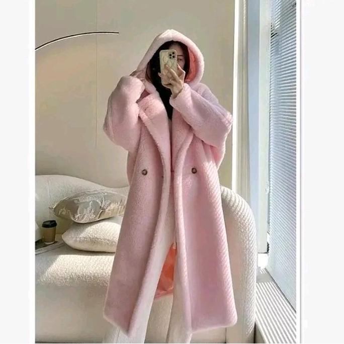 BLAZER long coat wanita bahan bulu serpa pake kupluk cocok di pake casual santai polos Hitam Panjang