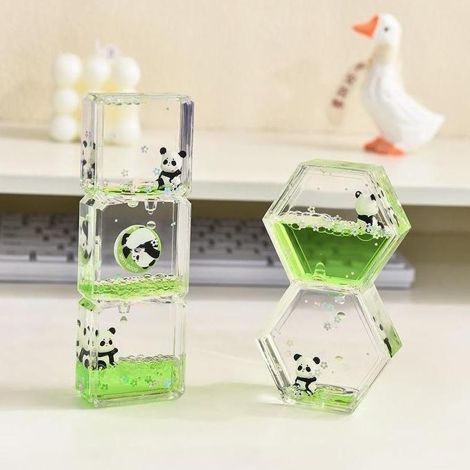Timer Akrilik Minyak Panda Segienam Jam Pasir Cair Drip Oil Dekorasi Pajangan Anti Stress AS