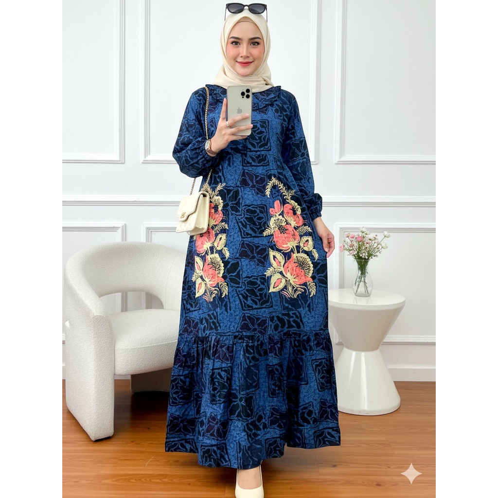 Uno Dress Gamis Susun Rayon Rempel Ruffle Busui Lengan Panjang Batik Adem Tebel motif elegan Ld 115