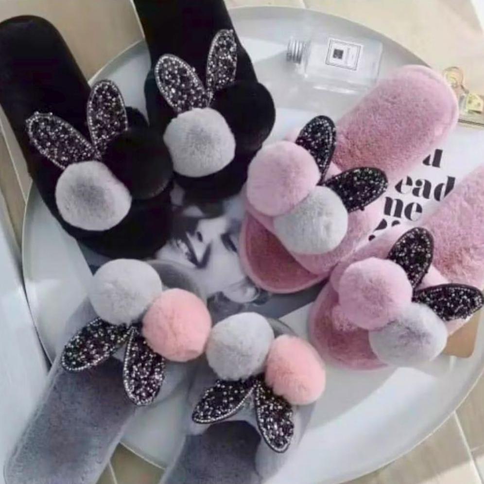 Hemat Sandal Wanita Dewasa Selop Bulu Boneka Pompom Imut